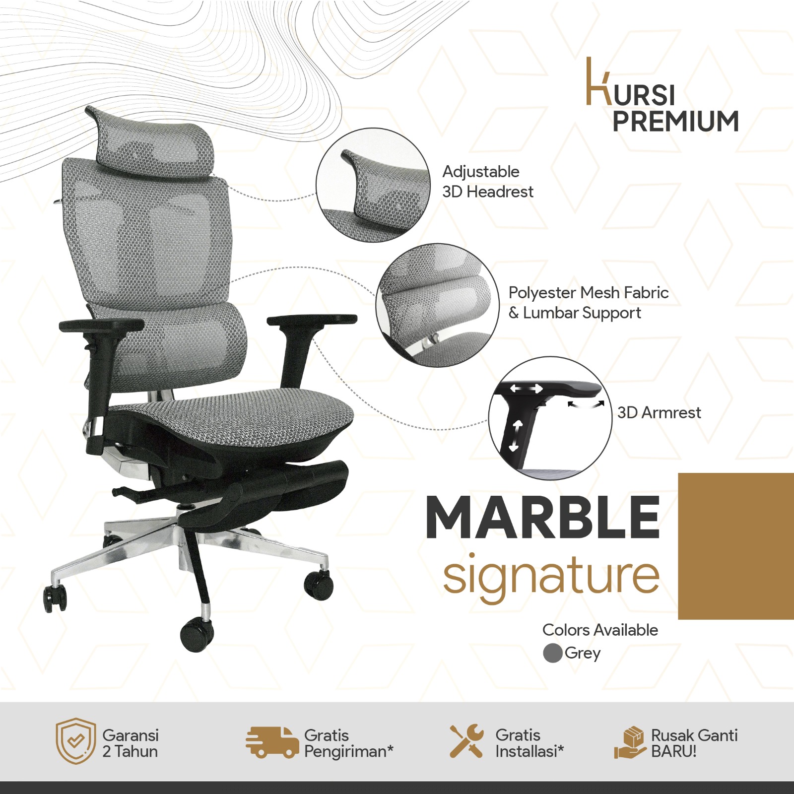 MARBLE Signature Kursi Premium Ergonomis Untuk Kantor Gamer Mesh Abu-Abu Bergaransi