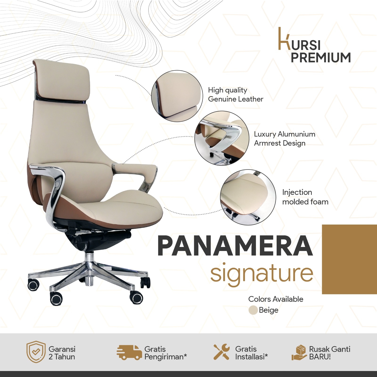 PANAMERA Signature Kursi Premium Ergonomis Untuk Kantor Gamer Leather Beige Bergaransi
