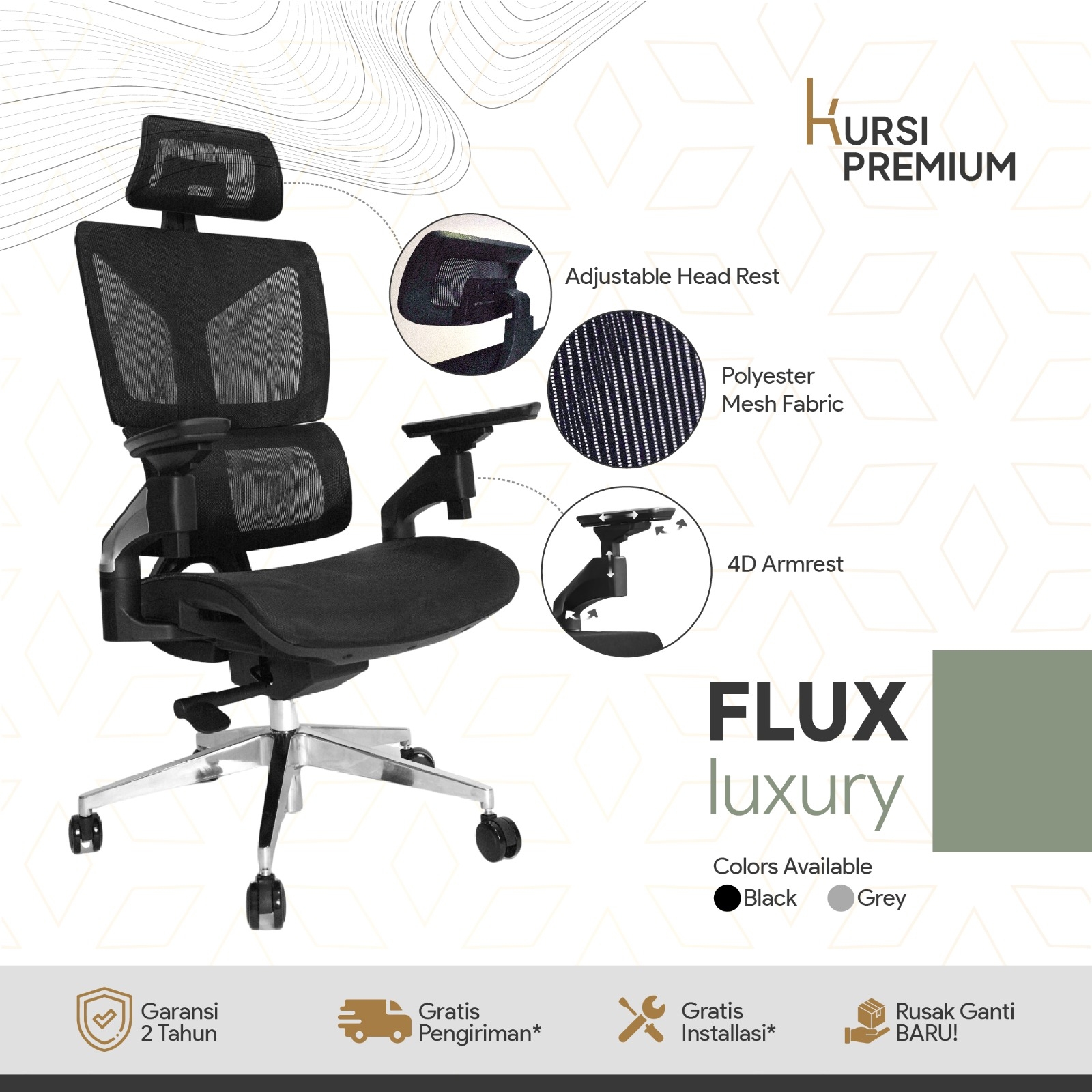 FLUX Luxury Kursi Premium Ergonomis Untuk Kantor Gamer Mesh Hitam Abu-Abu Bergaransi